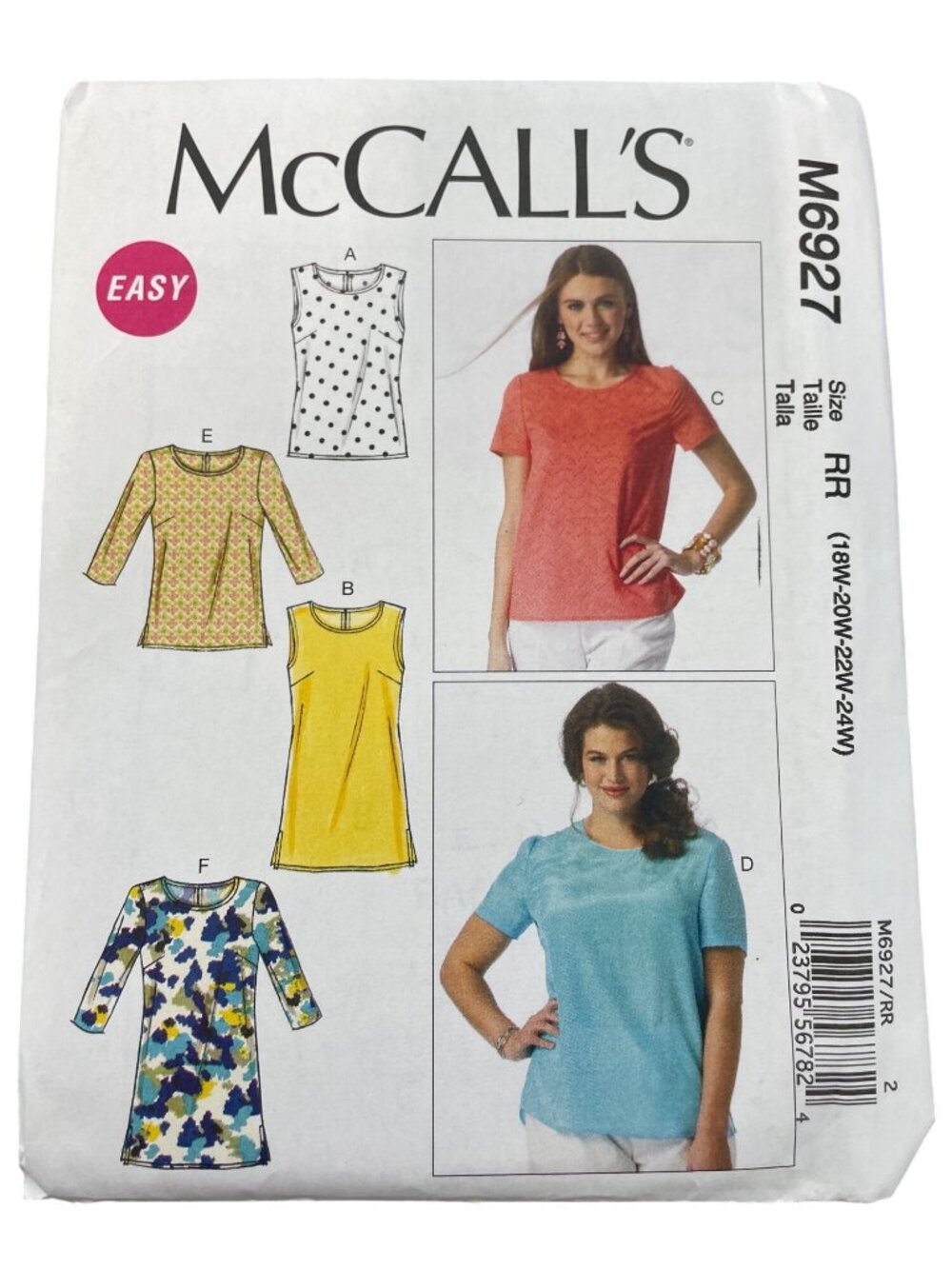 McCalls M6927 Sewing Pattern RR Size 18W-20W-22W-24W Tops & Tunics Retro CUT